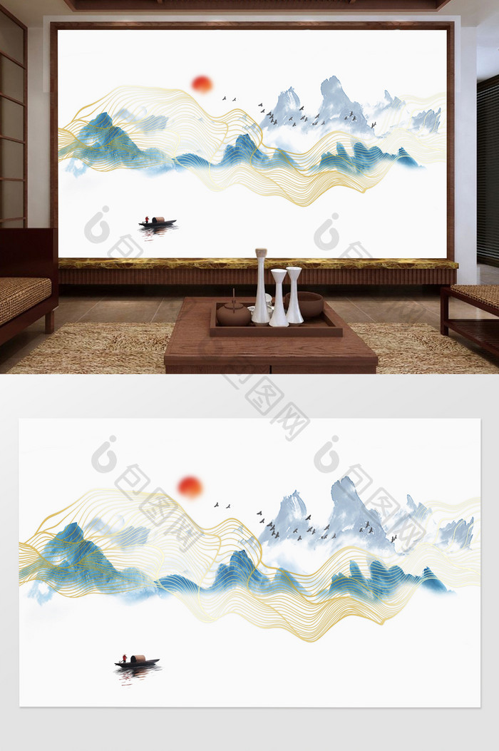 新中式抽象唯美水墨山水手绘背景墙定制