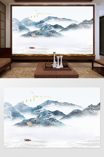 新中式抽象蓝色水墨山水电视背景墙定制图片
