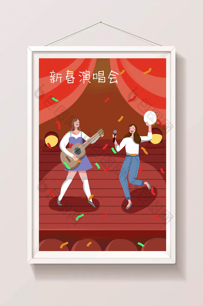 红色喜庆春节晚会唱歌跳舞插画