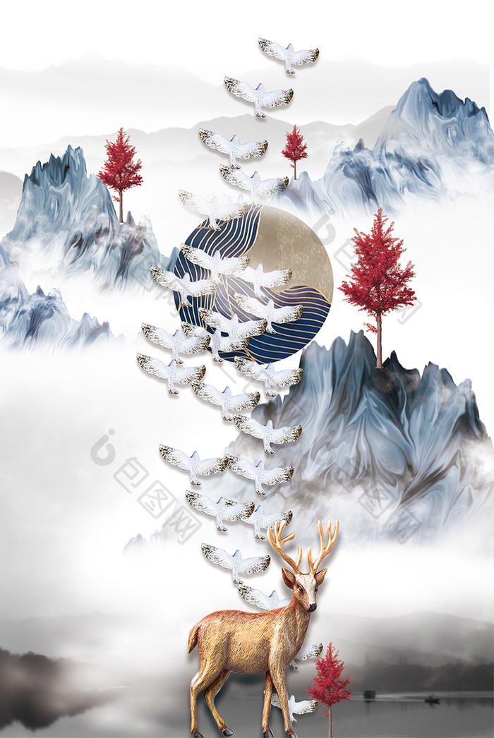 新中式意境山水飞鸟麋鹿装饰画