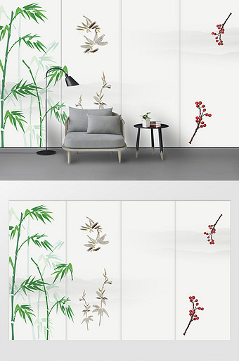 现代简约金色竹子窗格中式麻布纹背景墙图片
