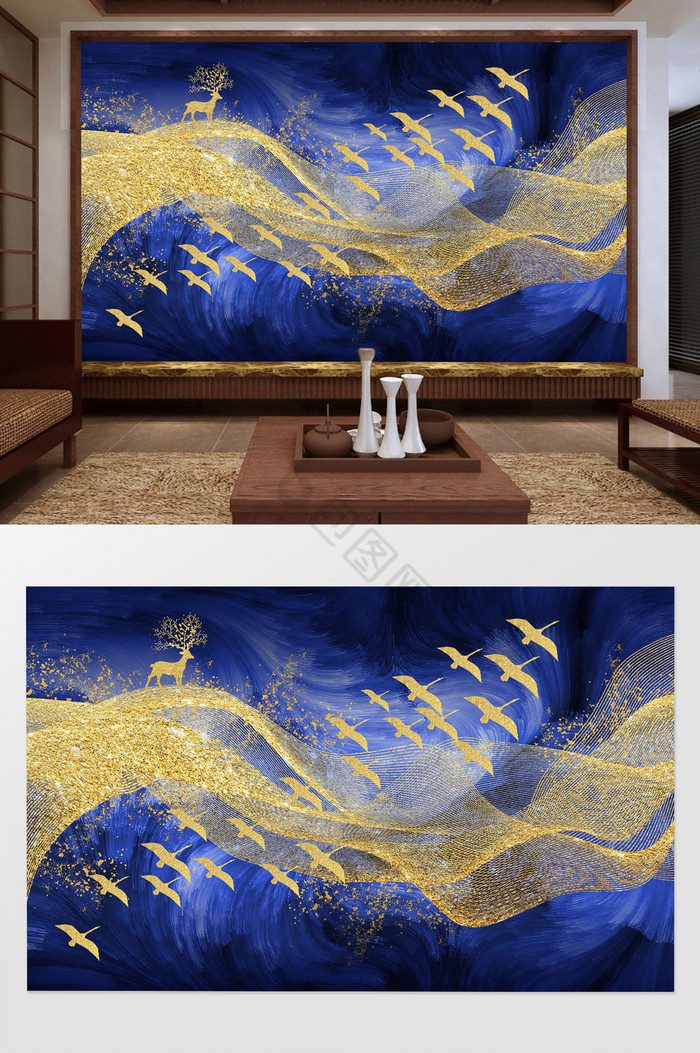 新中式金色抽象线条飞鸟鹿背景装饰画图片