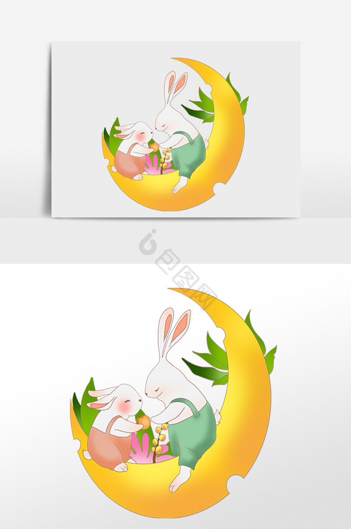 中秋情侣兔子吃月饼插画图片