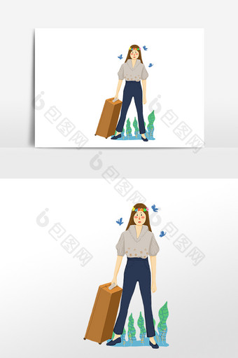 手绘拉行李旅行女孩插画素材图片