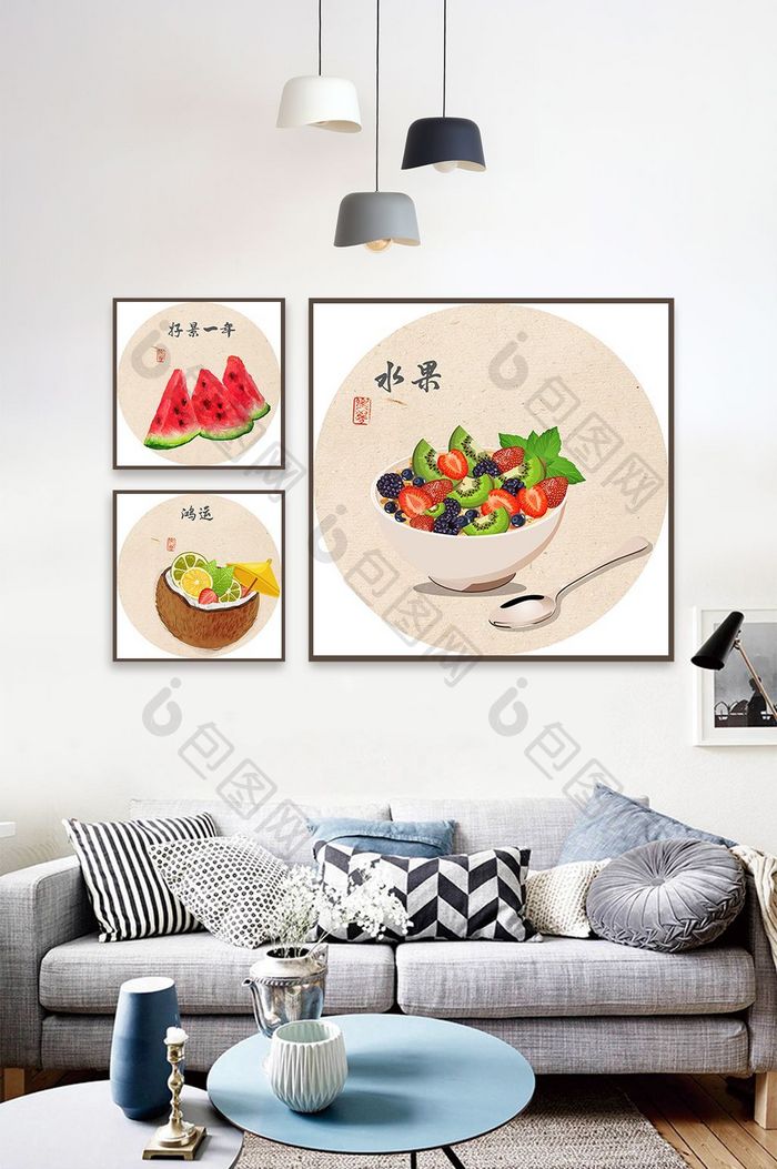 新中式民俗彩绘水果蔬菜餐厅装饰画