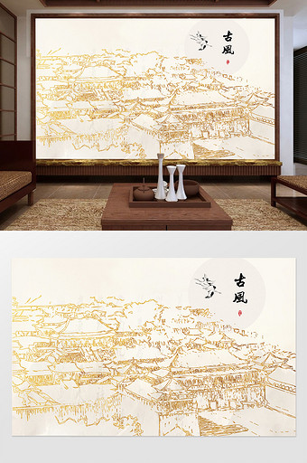 新中式手绘古代建筑背景墙装饰图片