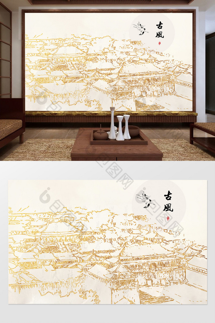 新中式手绘古代建筑背景墙装饰