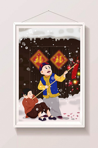 春节儿童放鞭炮庆祝插画图片