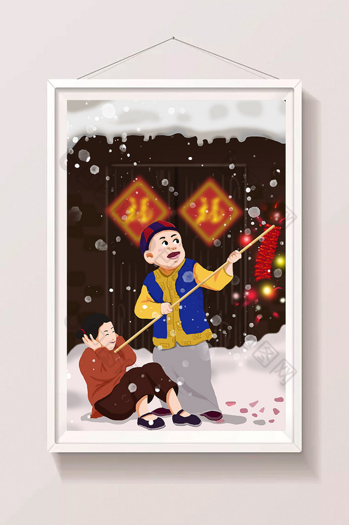春节儿童放鞭炮庆祝插画图片图片