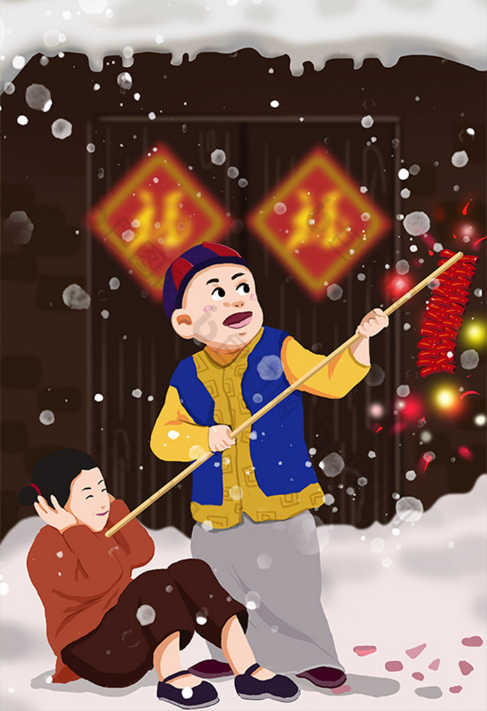 春节儿童放鞭炮庆祝插画