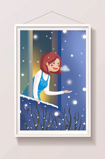 蓝色简约温馨下雪天气插画图片