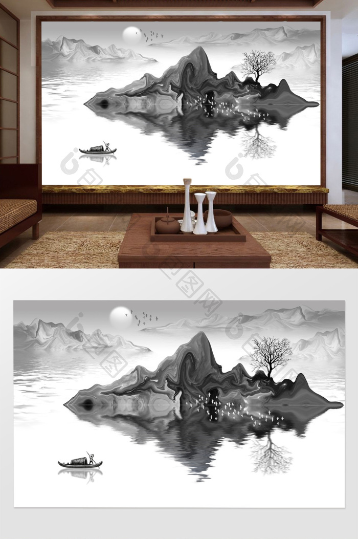 新中式意境抽象水墨山水画背景墙效果图-【包图网】