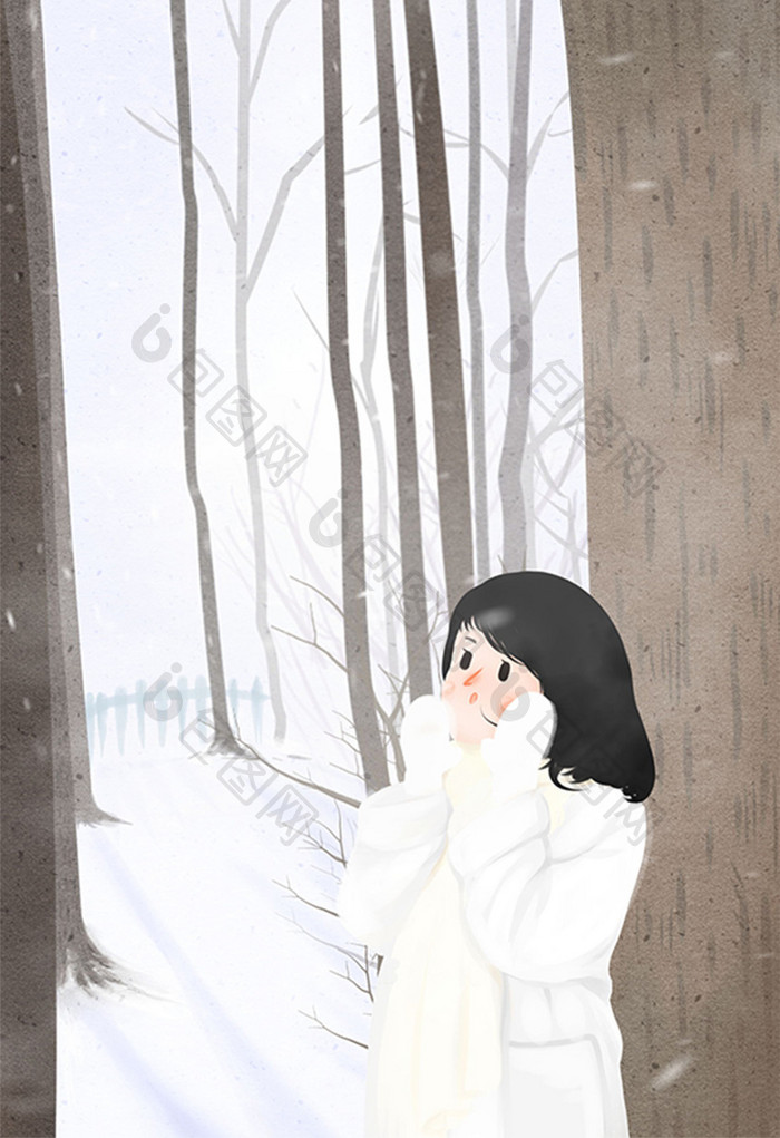 24节气大雪之森林女孩清新插画