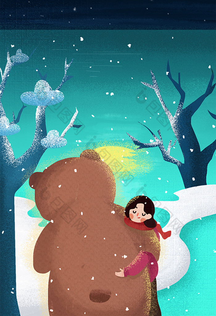 小清新立冬节气下雪小熊拥抱场景治愈系插画