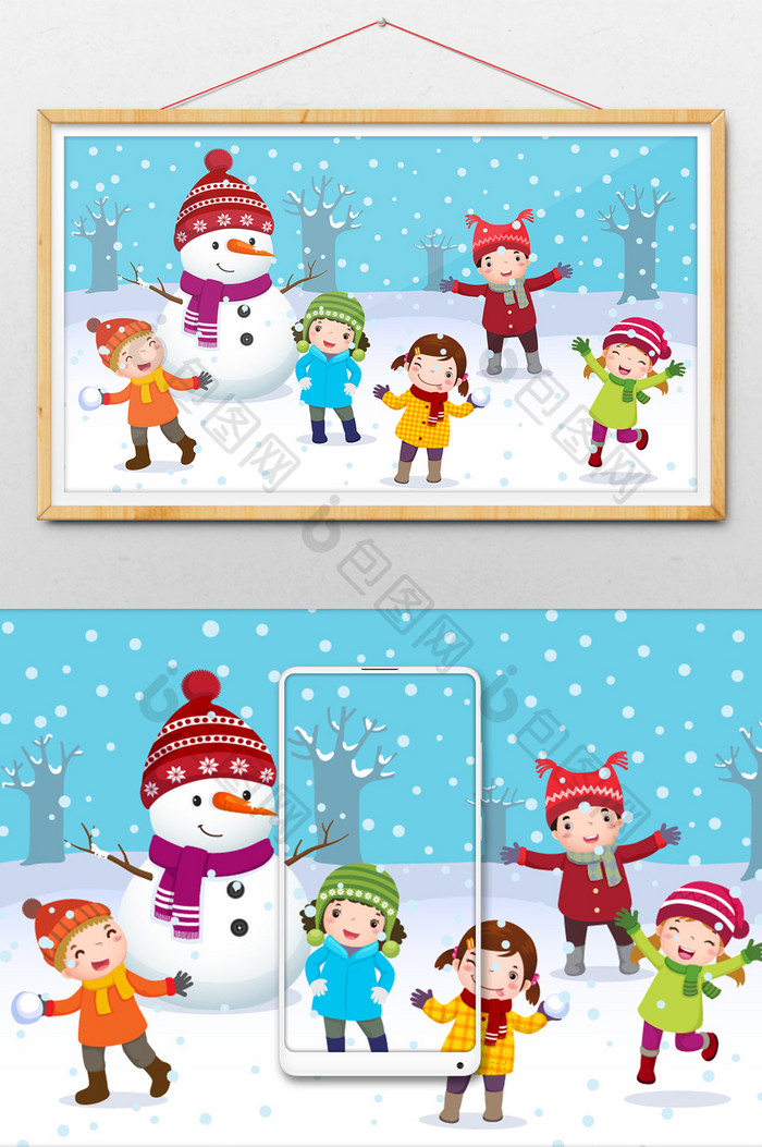 卡通圣诞节孩子们打雪仗