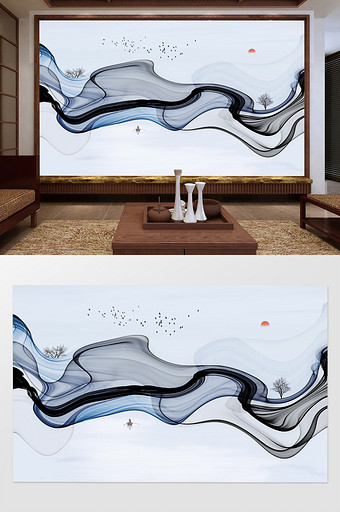 新中式手绘抽象线条水墨山水背景墙图片