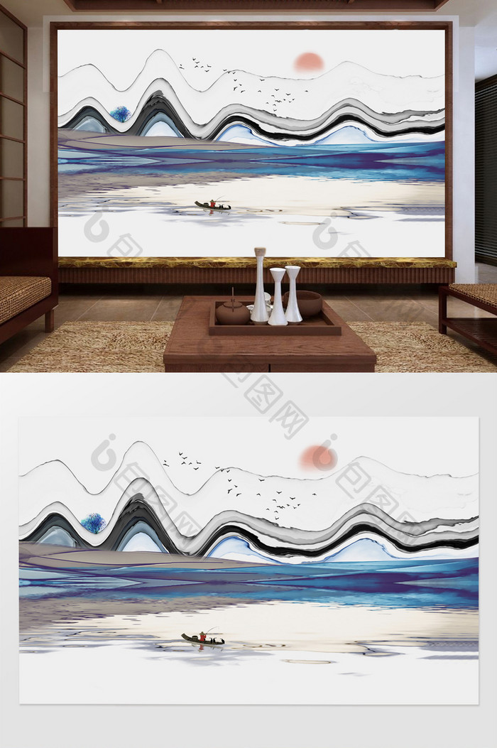 新中式手绘抽象水墨山水电视背景墙