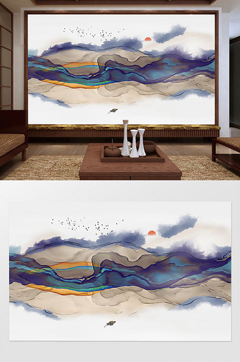 新中式手绘唯美抽象水墨山水背景墙图片