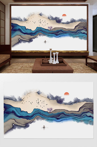 新中式意境抽象山水背景墙定制图片