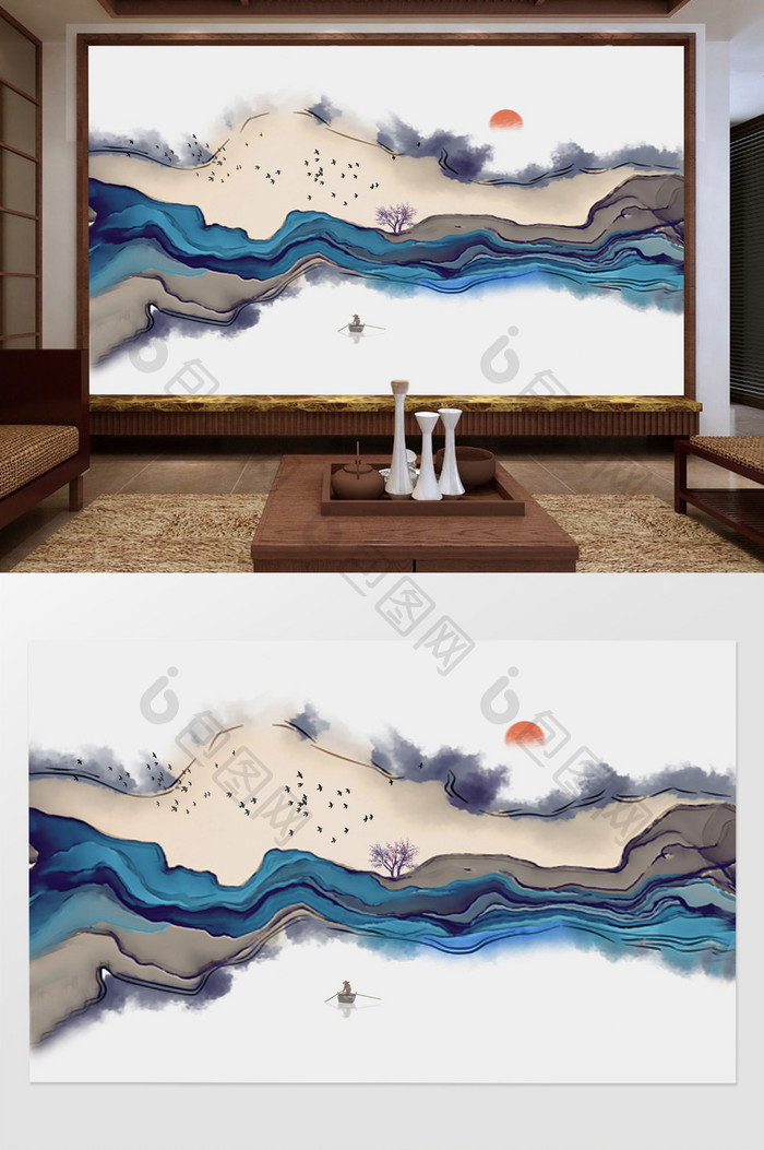 新中式意境抽象山水背景墙定制