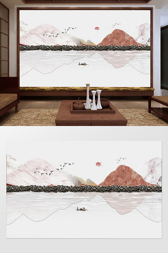 新中式浮雕立体大理石纹理山水背景墙图片