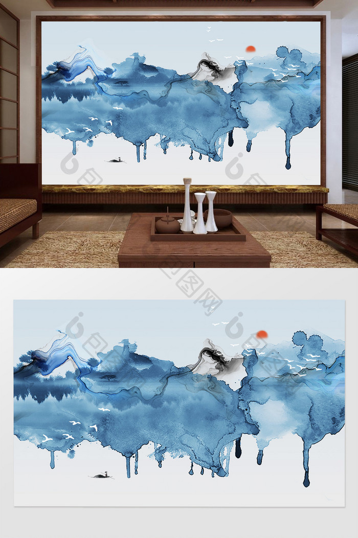 新中式抽象水墨山水简约背景墙