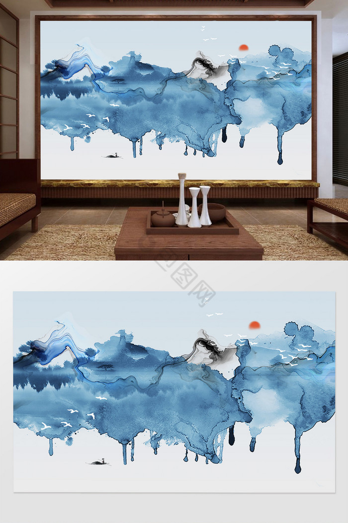 新中式抽象水墨山水简约背景墙图片