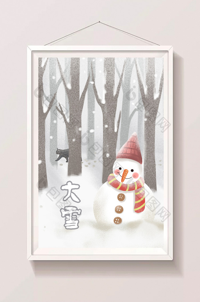白色大雪节气雪人与猫手绘插画