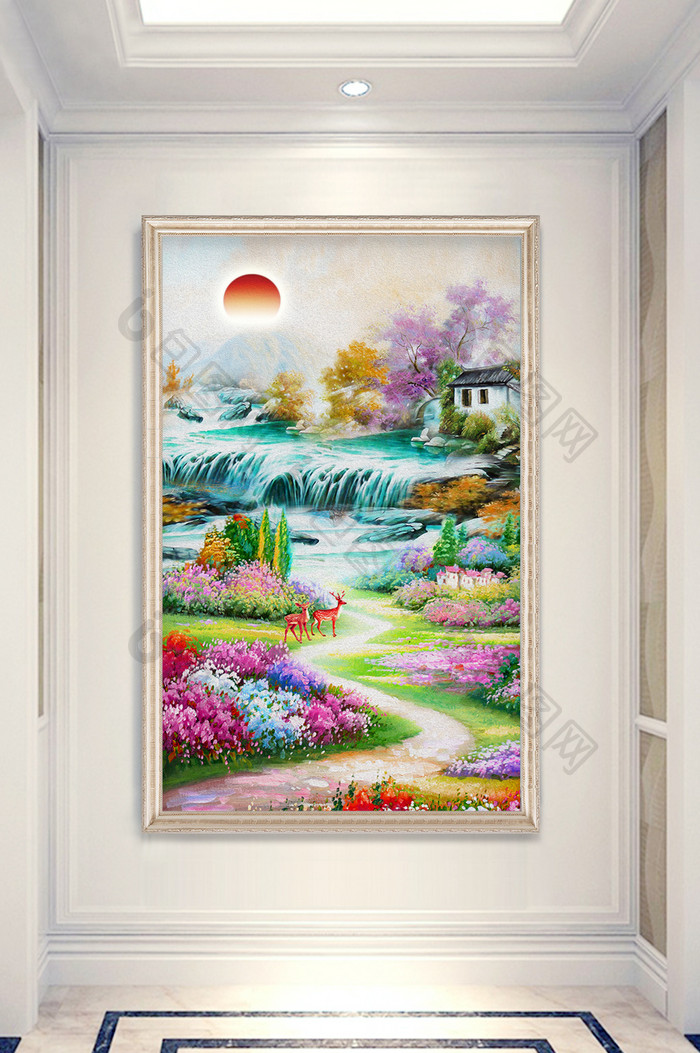 现代手绘油画唯美风景小鹿玄关装饰画