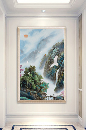 中式唯美风景画白鹤画小桥流水人家玄关装饰