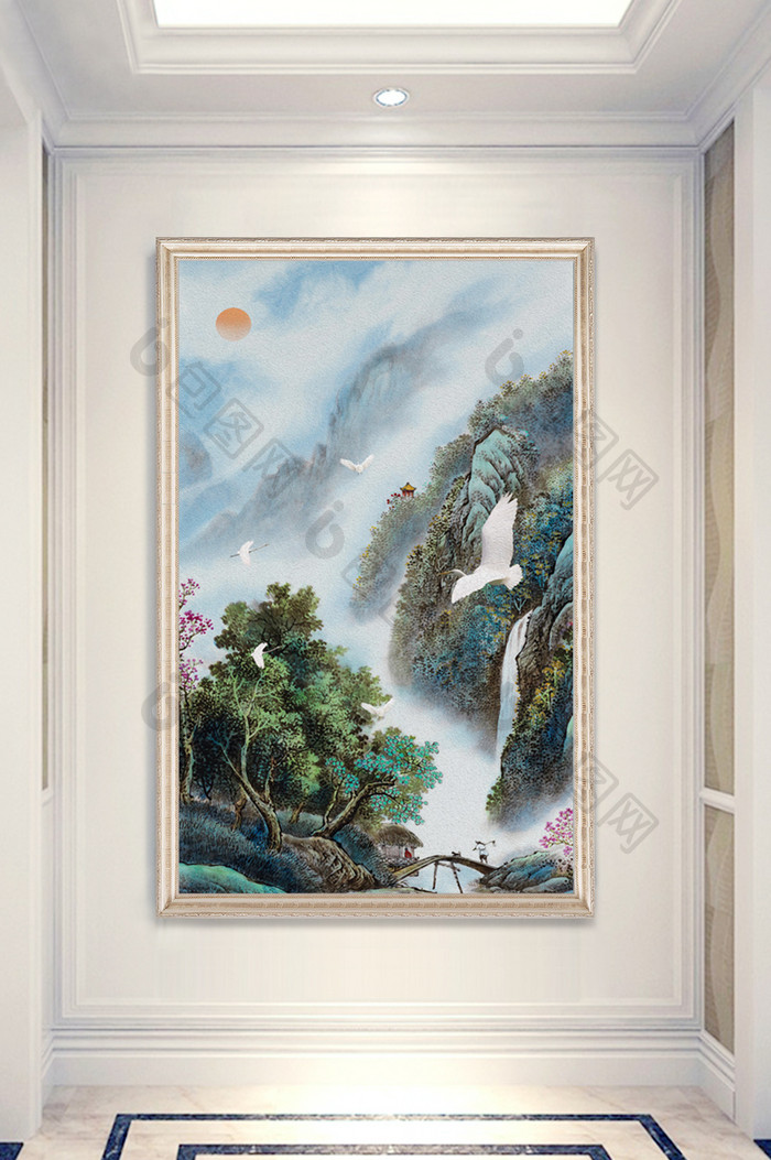 中式唯美风景画白鹤画小桥流水人家玄关装饰