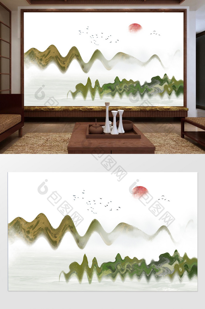 新中式水墨国画抽象山水飞鸟日出背景墙