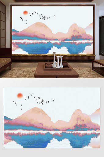 新中式水墨国画日出抽象山水背景墙图片