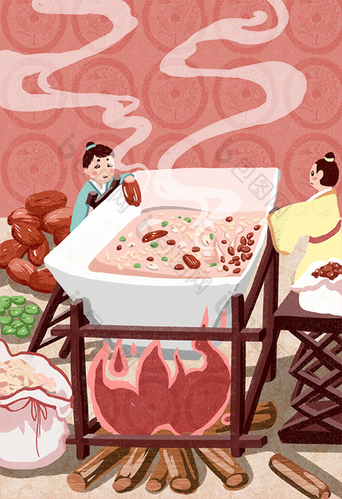 清新唯美卡通煮腊八粥传统习俗贺卡插画