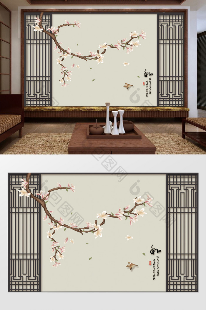 中式水墨山水花卉条屏装饰画工笔花鸟背景墙