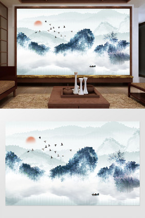 新中式蓝色创意波纹山峦定制背景墙