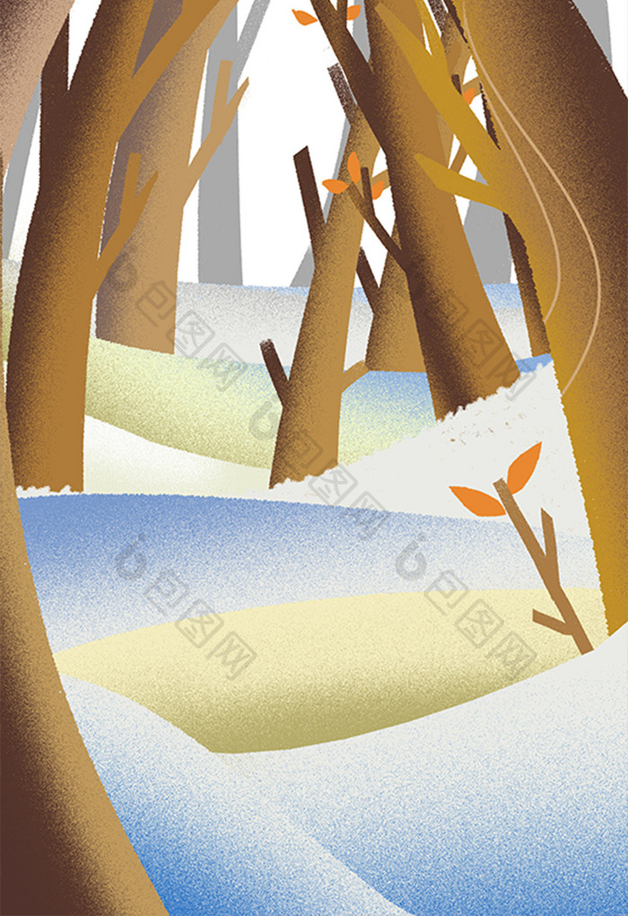 手绘雪地和树插画元素