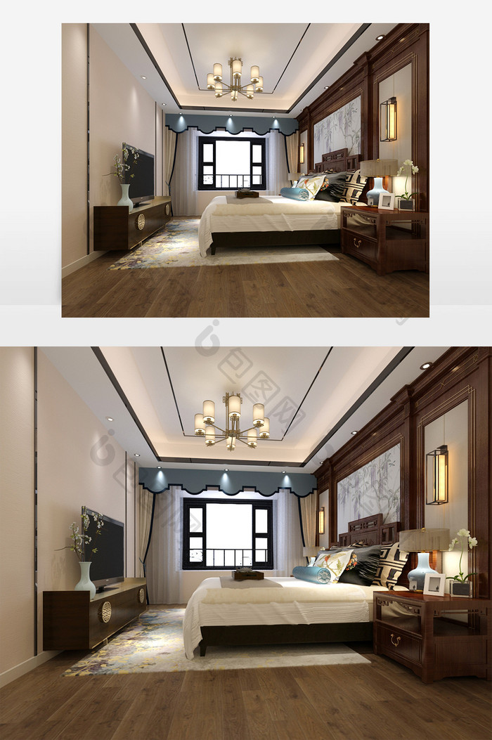 新中式卧室效果图模型