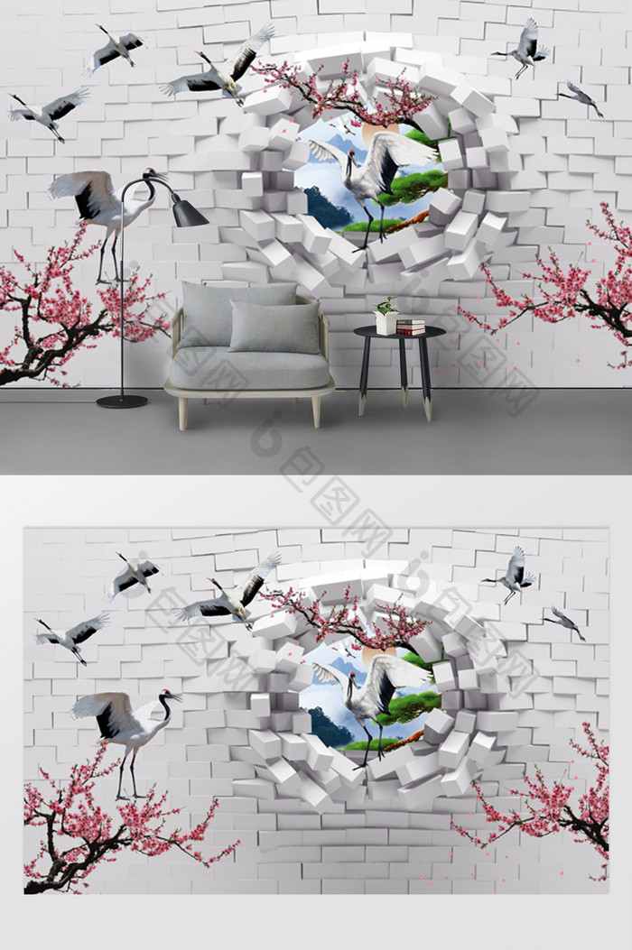 现代3d创意石砖山水画梅花白鹤电视背景墙
