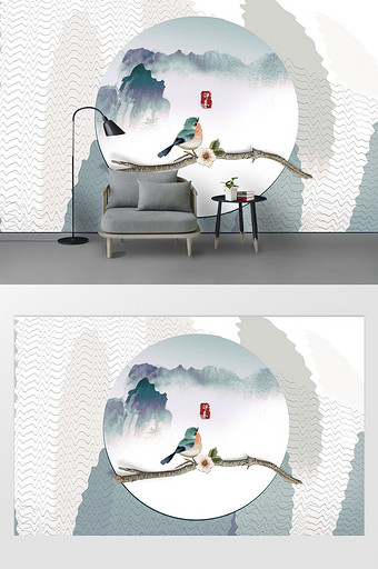 创意唯美现代风纹理山水树枝小鸟定制背景墙图片