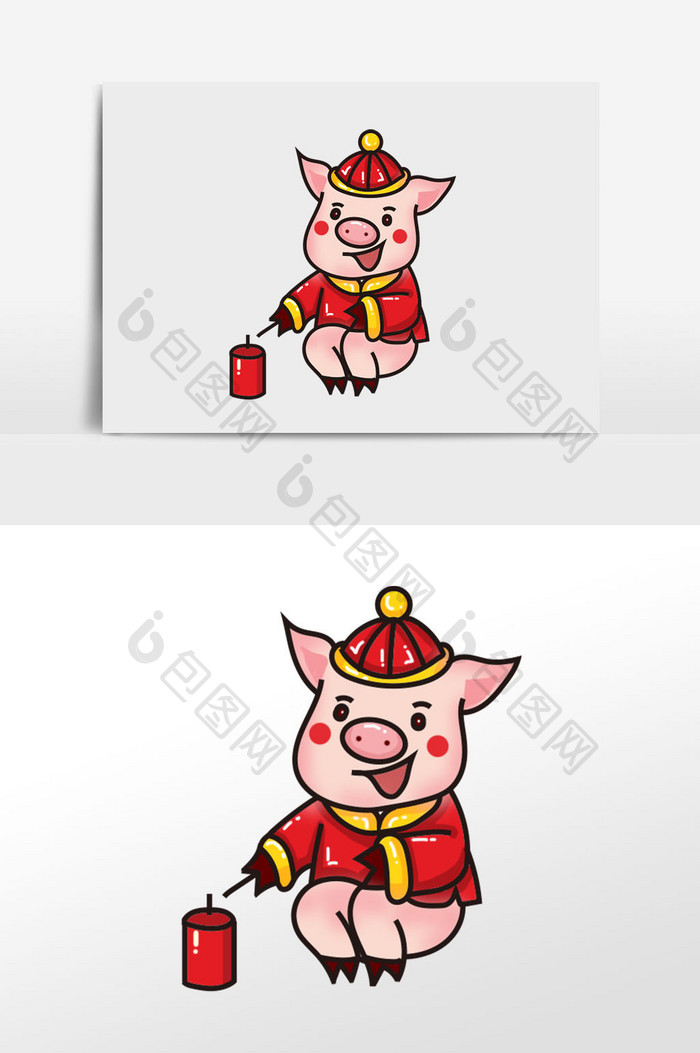 红色简约卡通可爱猪年小猪放烟花素材
