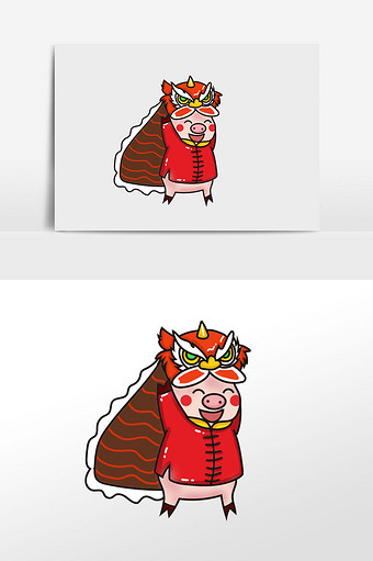红色简约卡通可爱猪年小猪舞狮子素材图片