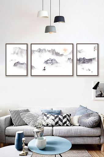 新中式意境山水群山装饰画三联画图片