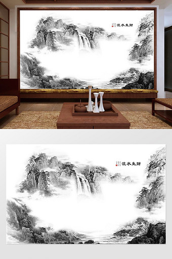 新中式抽象国画山水背景墙图片