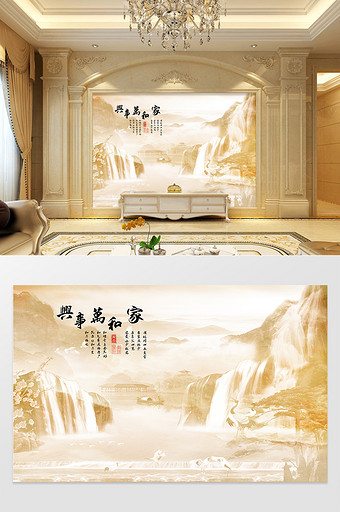 大理石纹新中式山水背景墙装饰画图片