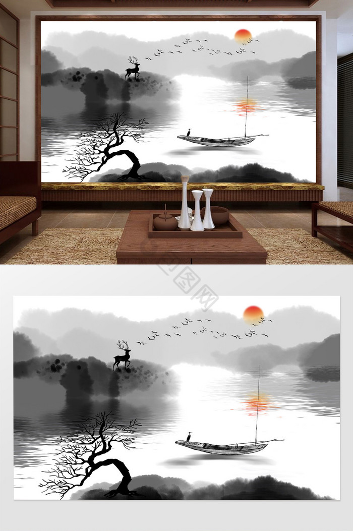 新中式抽象鹿水墨山水背景墙装饰画图片