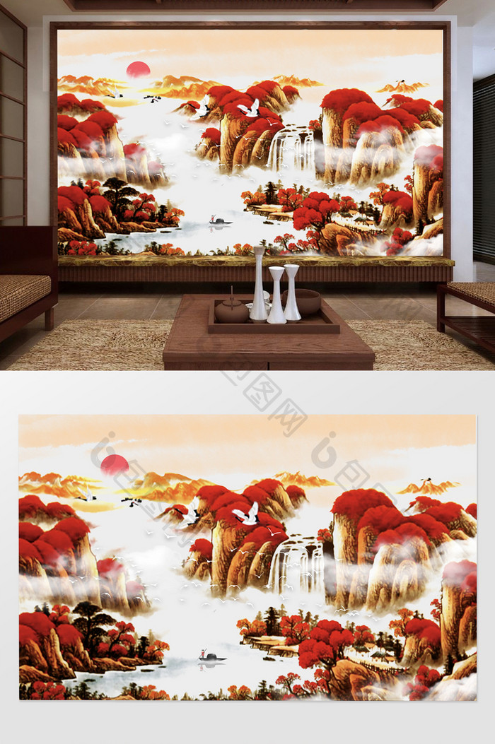 新中式国画高山流水电视背景墙