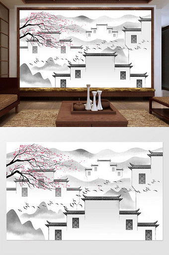 新中式徽派建筑马头墙背景壁纸装饰画图片