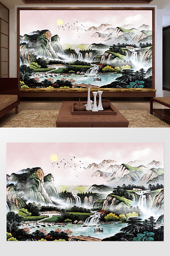 中国风流水生财国画山水画背景墙图片