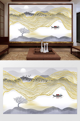 新中式抽象线条水墨山水画背景墙图片